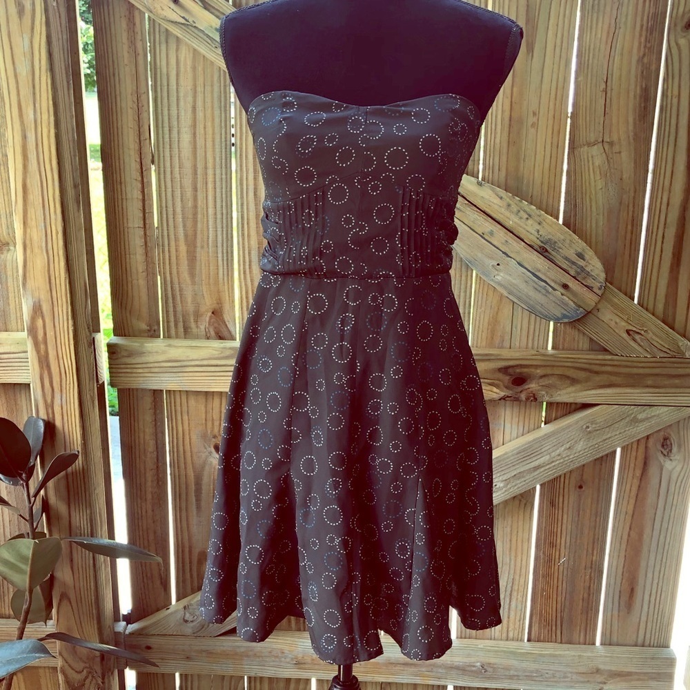 American Eagle Outfitters Black Strapless Fit & Flare Dress with Circle Pattern